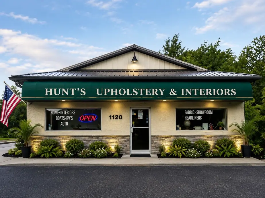 Hunt's Upholstery & Interiors storefront at dusk, green awning over the showroom windows at number 1120